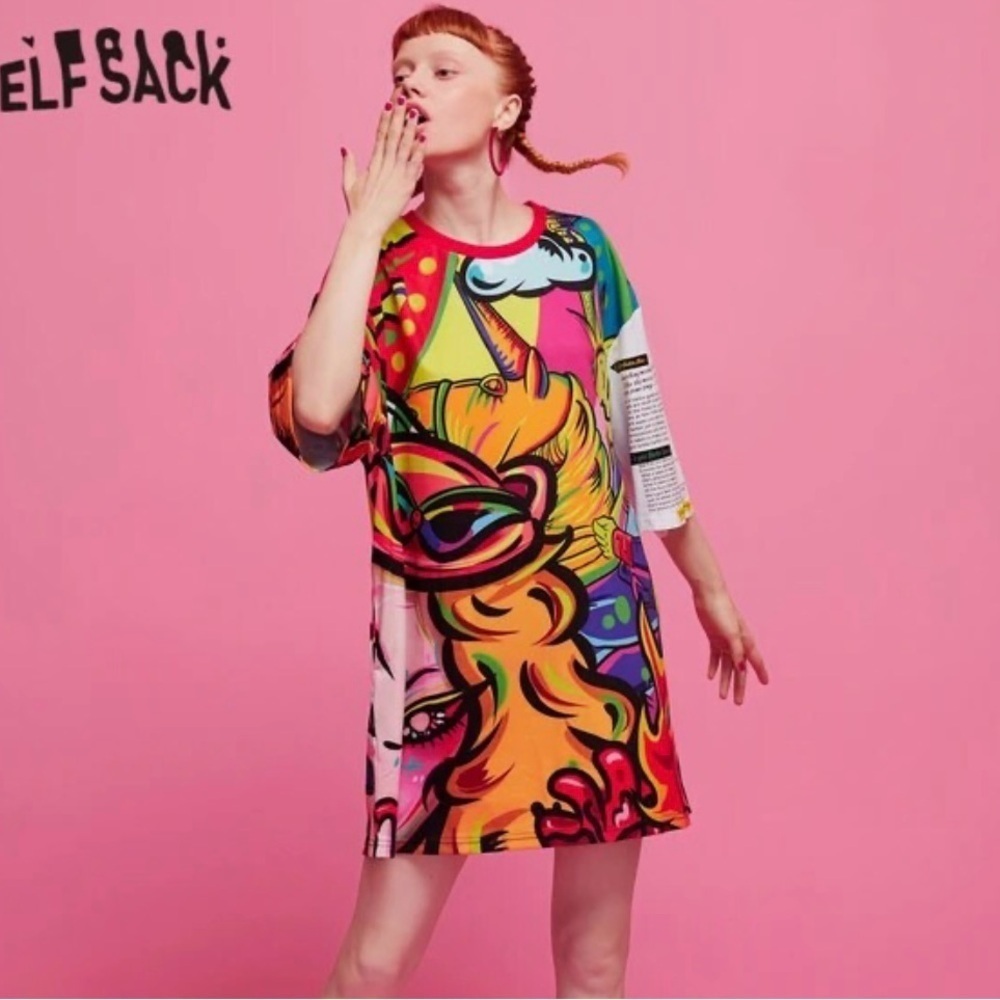 ELFSACK Colorful Artsy Pocket Round Neck Oversized Dress L